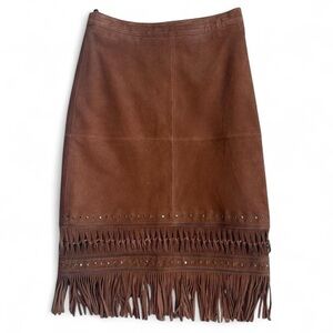 NWT Scully Brown Leather Suede Fringe Cutout Midi Skirt Size Small